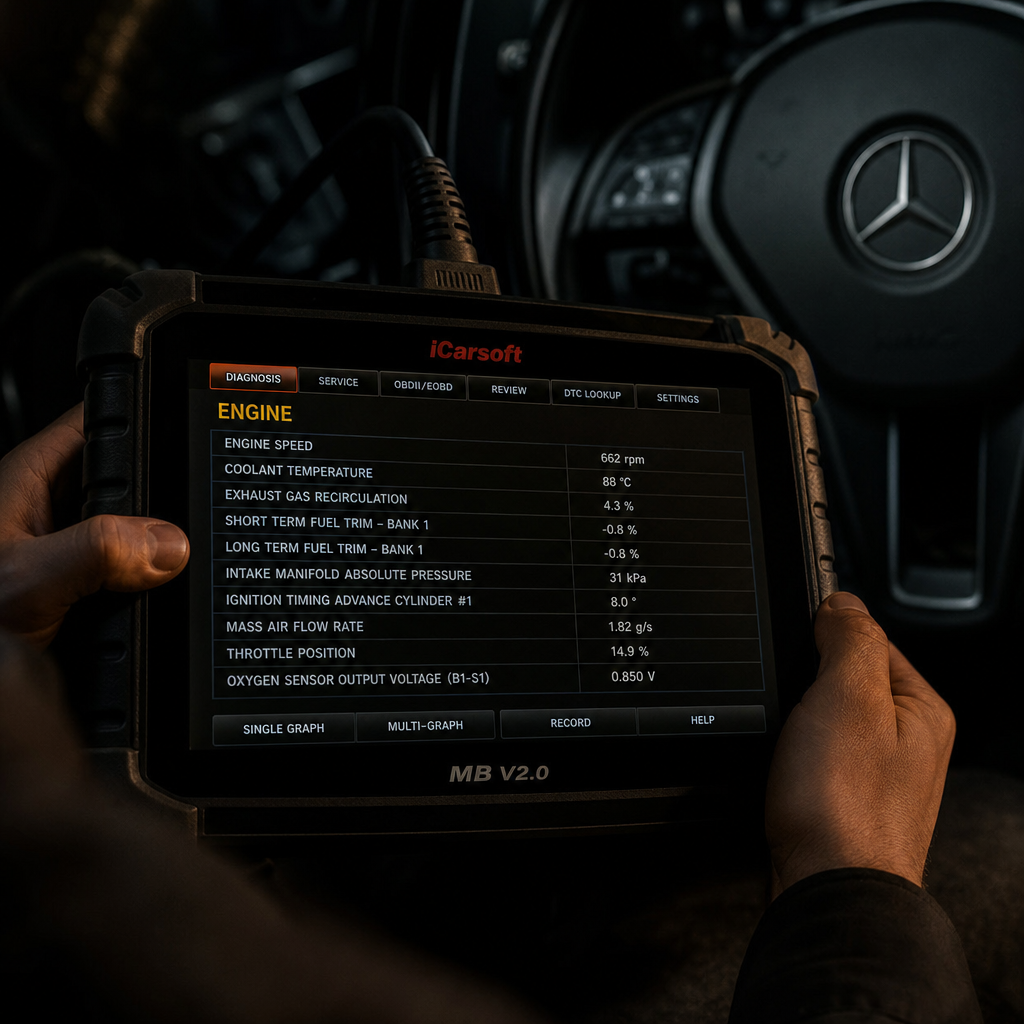 Dealer-level diagnostic equipment connected to a Mercedes-Benz