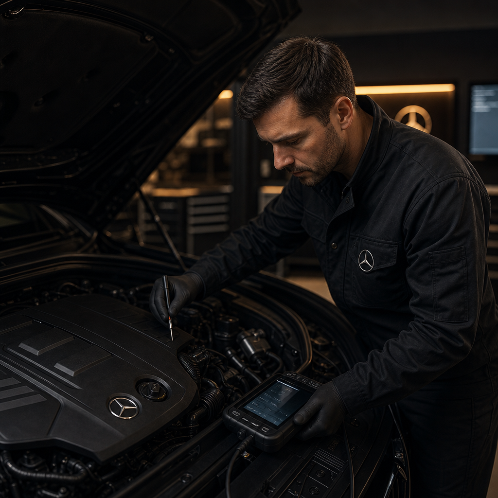 Cassley Autocare technician working on a Mercedes-Benz engine